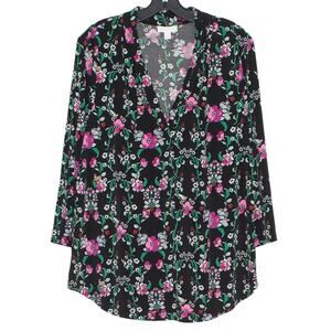 Charter Club Dark Floral Slinky Stretch Tunic Top XL 3/4 Sleeve Black Travel